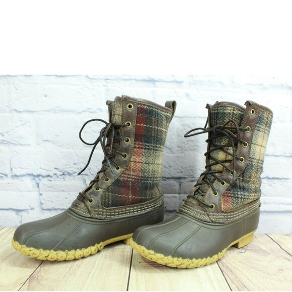 LL Bean 10" Classic Plaid Shearling Lined Winter Duck Boots Lace Up Size 7 M - Picture 2 of 11